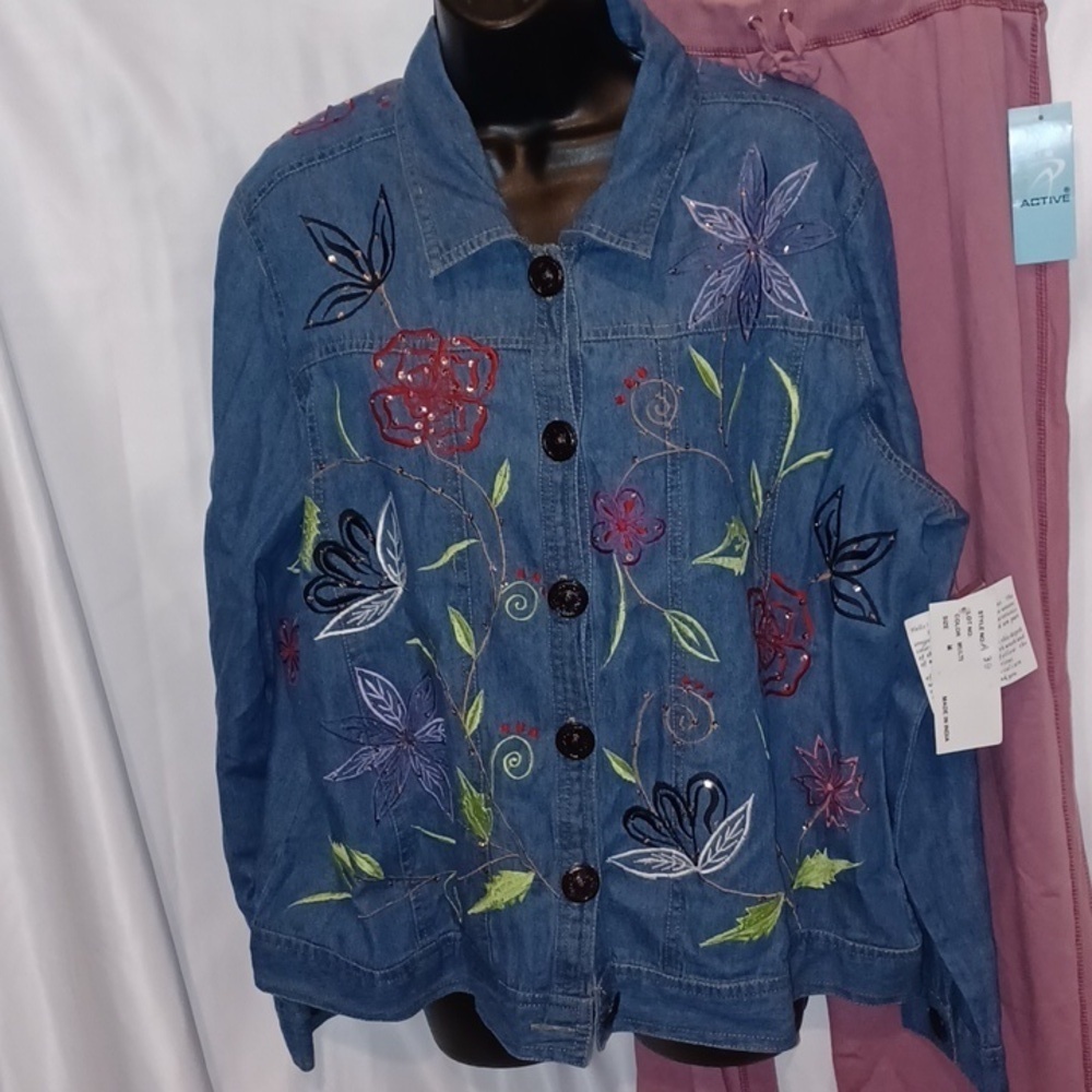 Alex Kin Embroidered Jacket Denim Blue, flowers, oversized, Medium